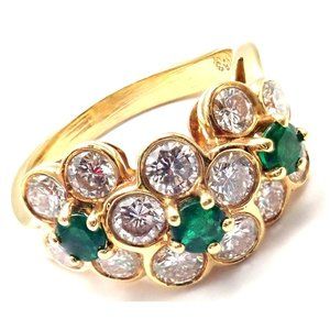 Authentic! Van Cleef & Arpels 18k Yellow Gold Emerald Diamond Fleurette Ring